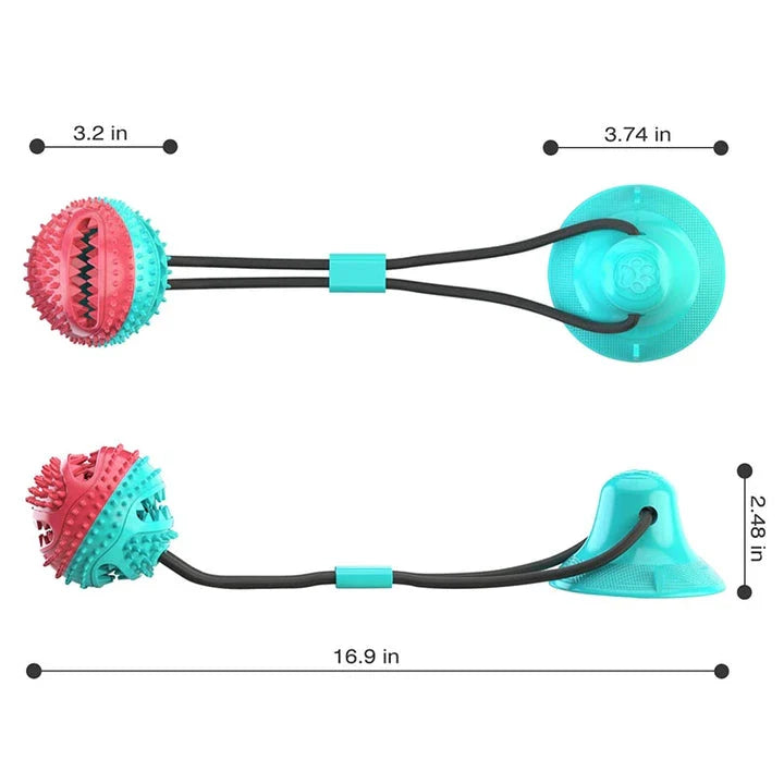A blue interactive chew ball toy for large dogs with a suction cup, rope, and treat dispenser for dental care and playtime