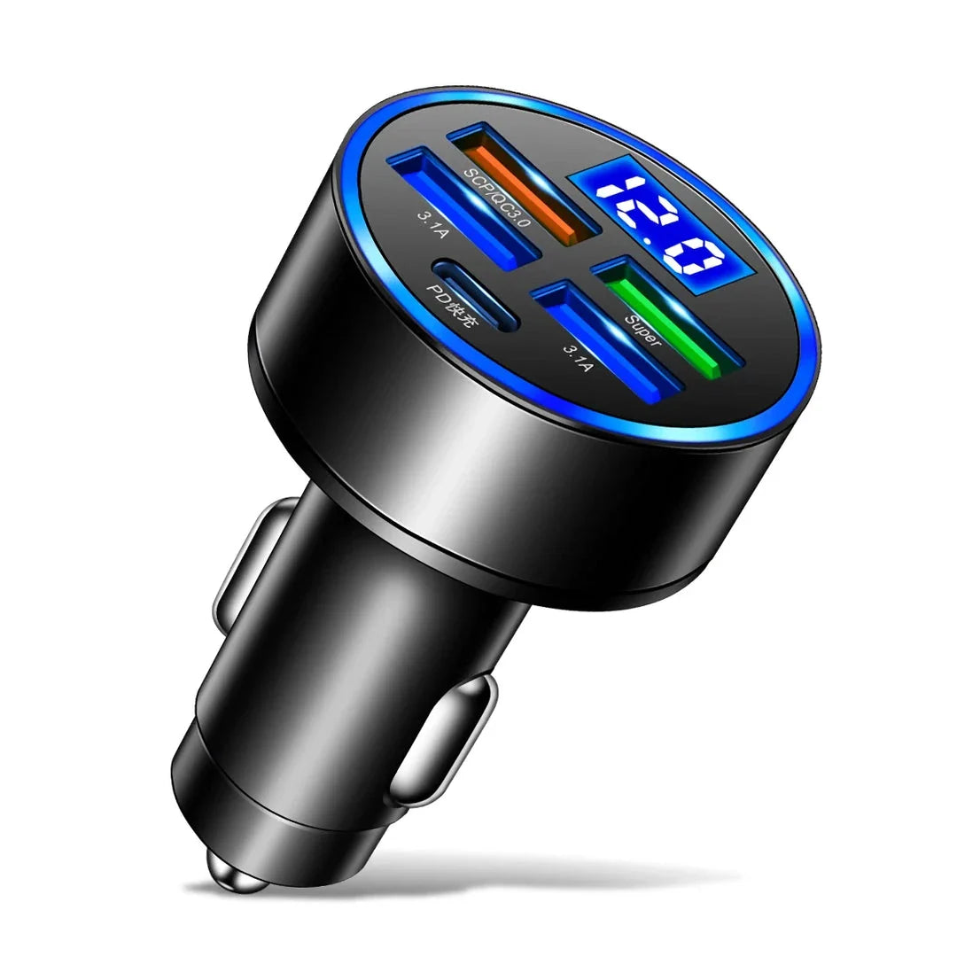 250W LED Car Charger with 5 Charging Ports for Smartphones, Tablets, and More