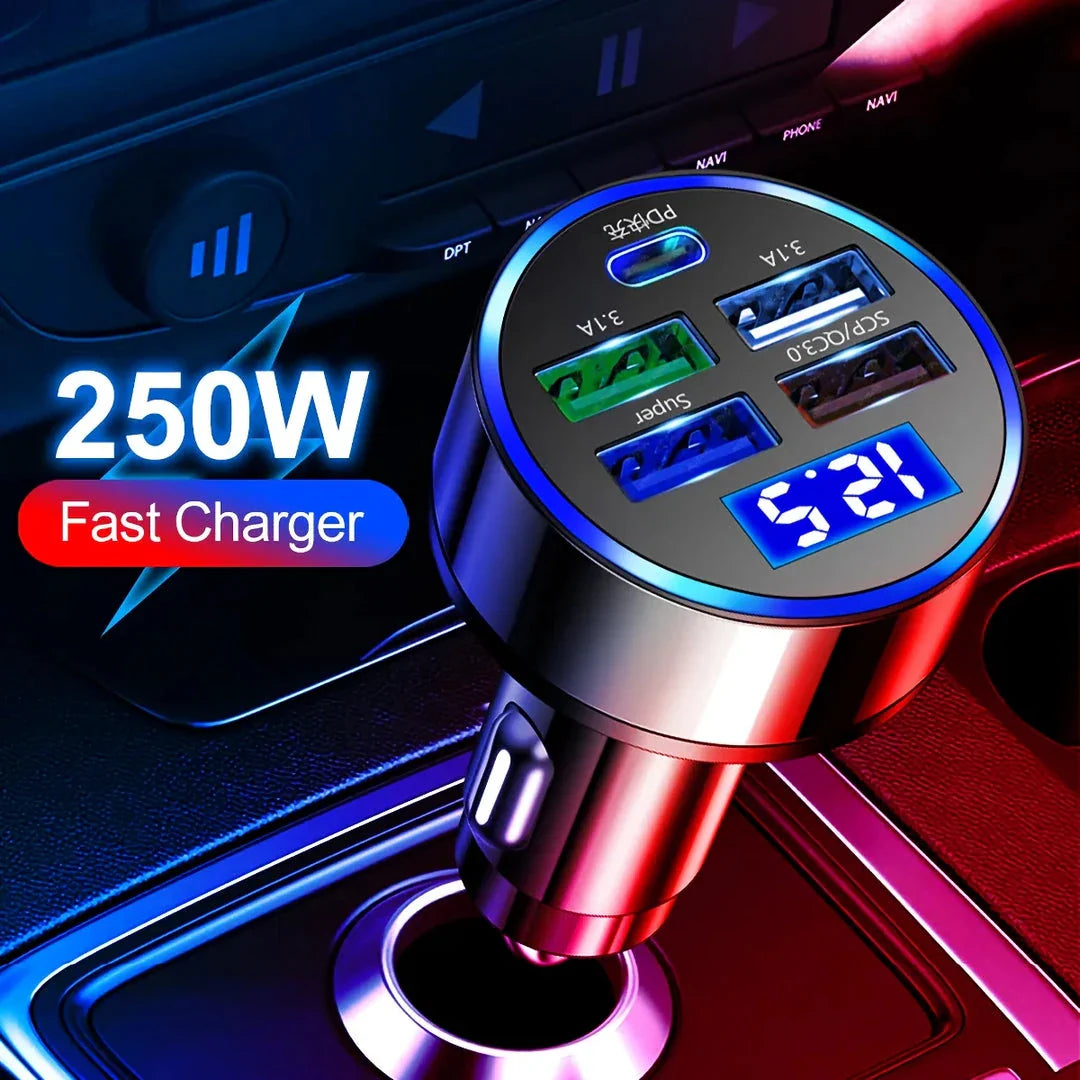 250W LED Car Charger with 5 Charging Ports for Smartphones, Tablets, and More