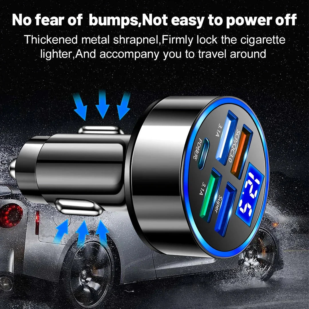 250W LED Car Charger with 5 Charging Ports for Smartphones, Tablets, and More