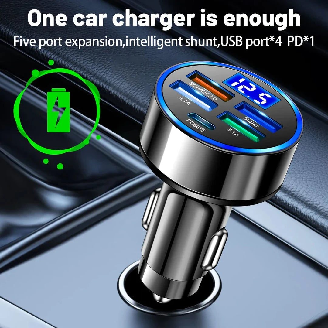 250W LED Car Charger with 5 Charging Ports for Smartphones, Tablets, and More