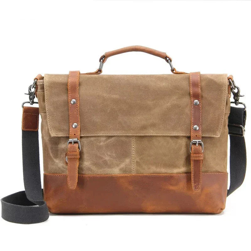 Overflowing canvas retro style men's shoulder bag in khaki colour with adjustable strap and multiple internal pockets