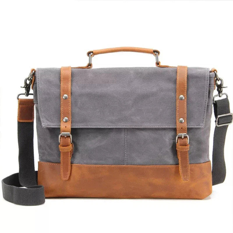 Overflowing canvas retro style men's shoulder bag in khaki colour with adjustable strap and multiple internal pockets