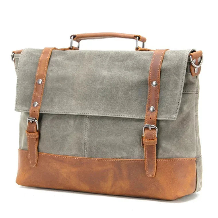 Overflowing canvas retro style men's shoulder bag in khaki colour with adjustable strap and multiple internal pockets