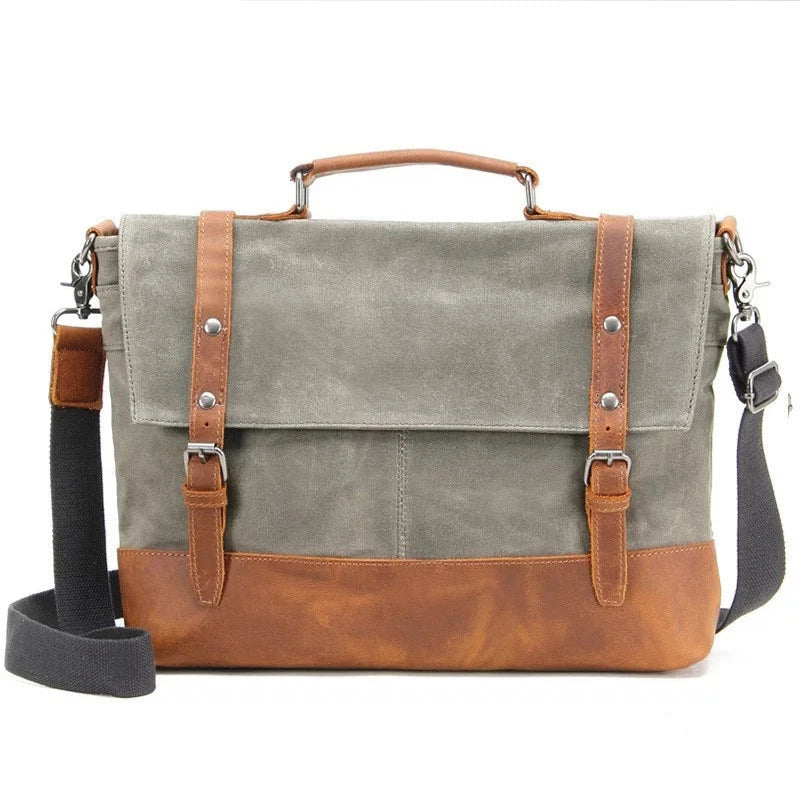 Overflowing canvas retro style men's shoulder bag in khaki colour with adjustable strap and multiple internal pockets