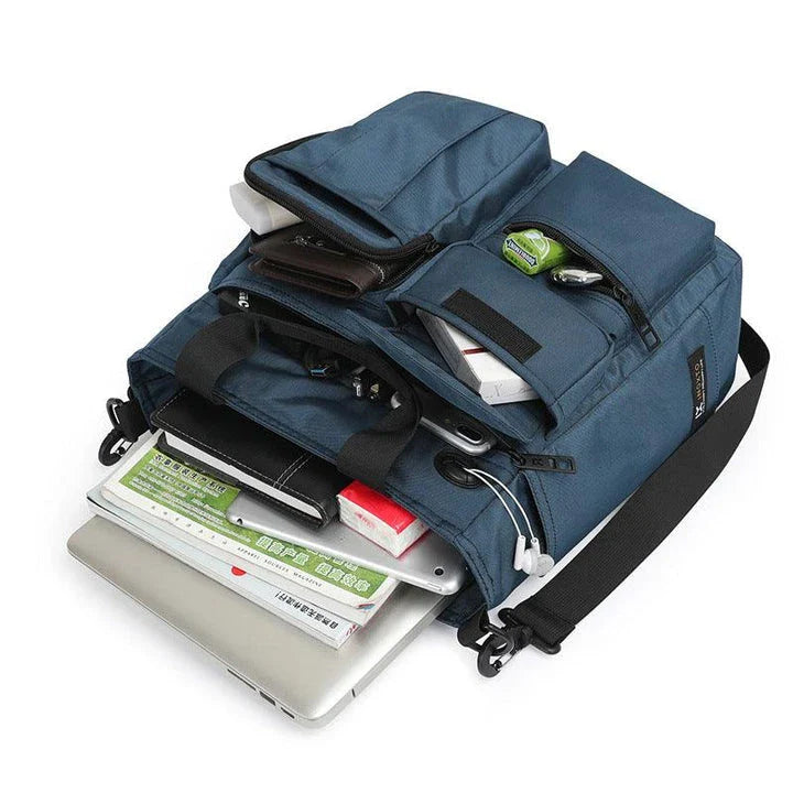 Multifunctional business and leisure commuter bag in grey colour with expandable main compartment and pockets