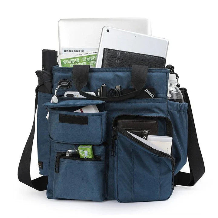 Multifunctional business and leisure commuter bag in grey colour with expandable main compartment and pockets