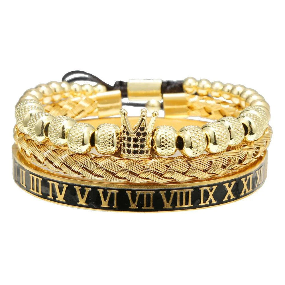 Woven bracelet set with elegant crown design, featuring stainless steel and copper construction for durability and style