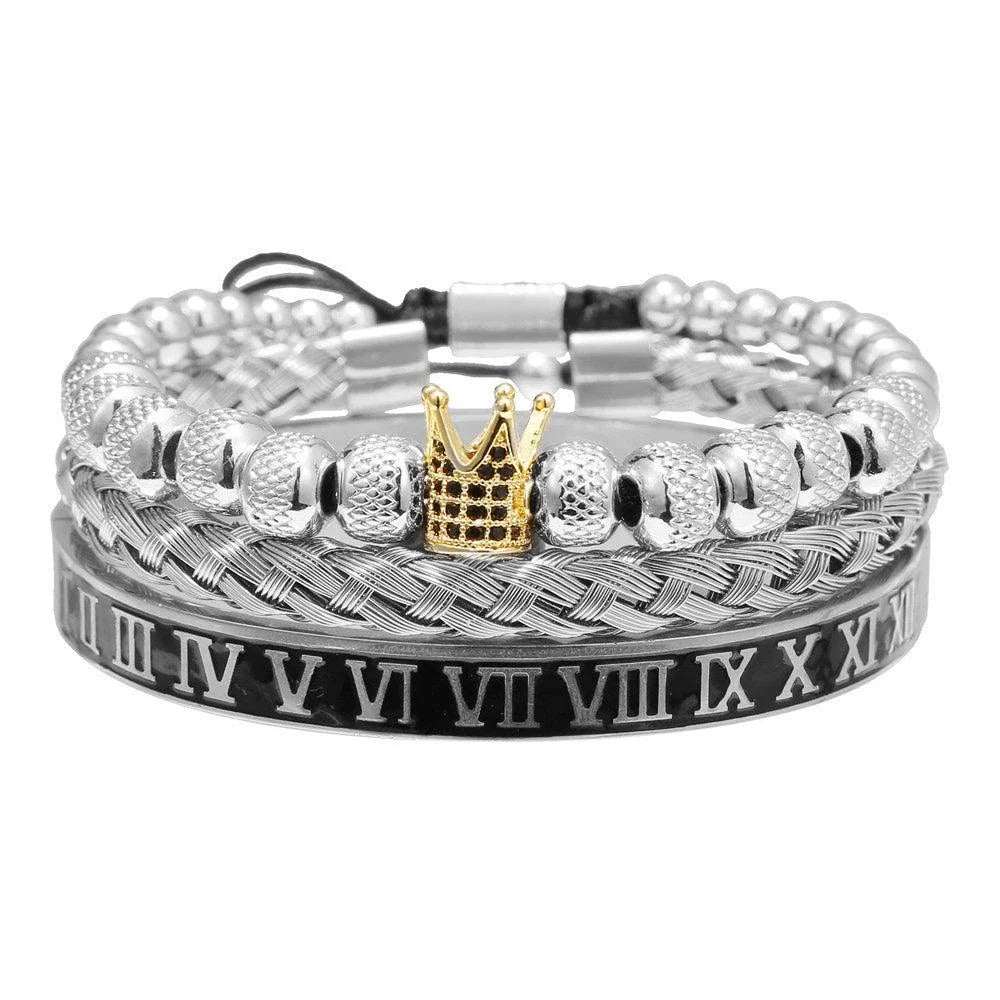 Woven bracelet set with elegant crown design, featuring stainless steel and copper construction for durability and style