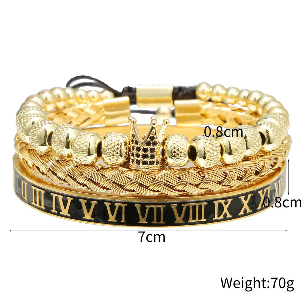 Woven bracelet set with elegant crown design, featuring stainless steel and copper construction for durability and style