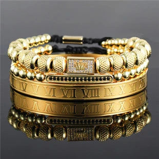Woven bracelet set with elegant crown design, featuring stainless steel and copper construction for durability and style