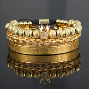 Woven bracelet set with elegant crown design, featuring stainless steel and copper construction for durability and style