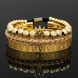 Woven bracelet set with elegant crown design, featuring stainless steel and copper construction for durability and style