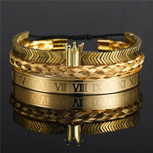 Woven bracelet set with elegant crown design, featuring stainless steel and copper construction for durability and style