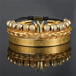 Woven bracelet set with elegant crown design, featuring stainless steel and copper construction for durability and style