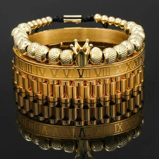 Woven bracelet set with elegant crown design, featuring stainless steel and copper construction for durability and style