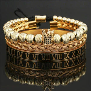 Woven bracelet set with elegant crown design, featuring stainless steel and copper construction for durability and style