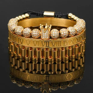 Woven bracelet set with elegant crown design, featuring stainless steel and copper construction for durability and style