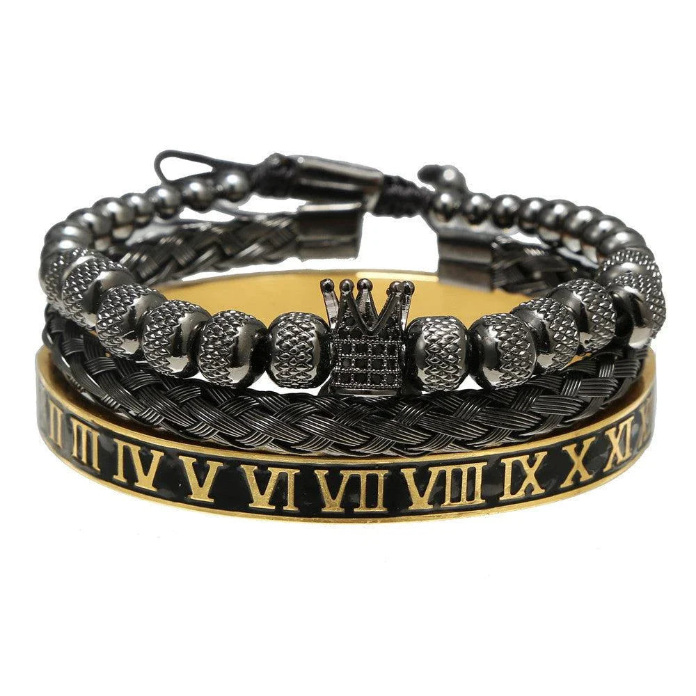 Woven bracelet set with elegant crown design, featuring stainless steel and copper construction for durability and style