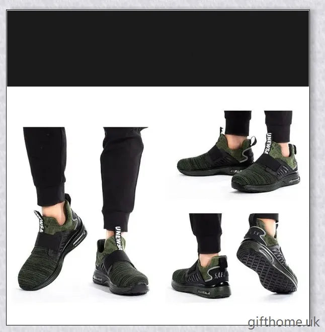 Pair of air cushion shock-absorbing steel toe safety shoes in various colours, including olive green, sky blue, and sea gold
