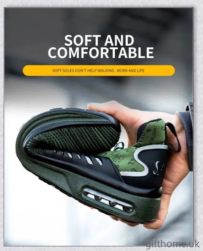 Pair of air cushion shock-absorbing steel toe safety shoes in various colours, including olive green, sky blue, and sea gold