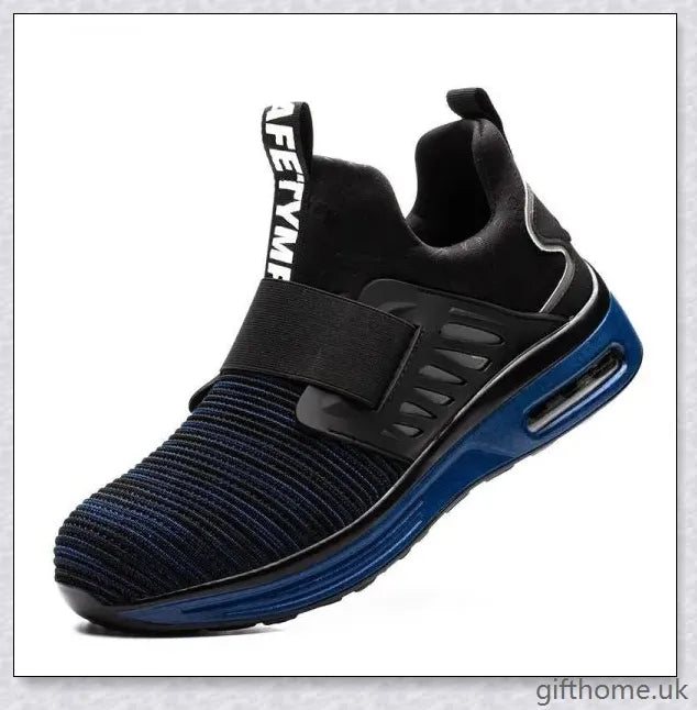 Pair of air cushion shock-absorbing steel toe safety shoes in various colours, including olive green, sky blue, and sea gold