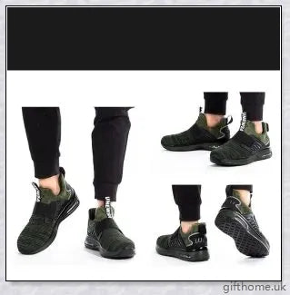 Pair of air cushion shock-absorbing steel toe safety shoes in various colours, including olive green, sky blue, and sea gold