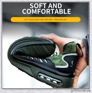 Pair of air cushion shock-absorbing steel toe safety shoes in various colours, including olive green, sky blue, and sea gold