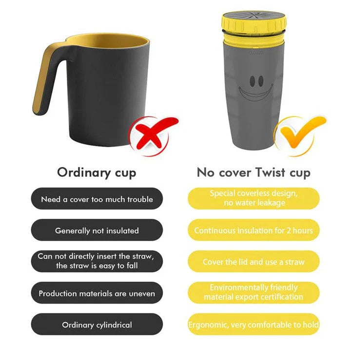 Twist Cup travel tumbler with twist-top mechanism and double-wall insulation for hot and cold drinks