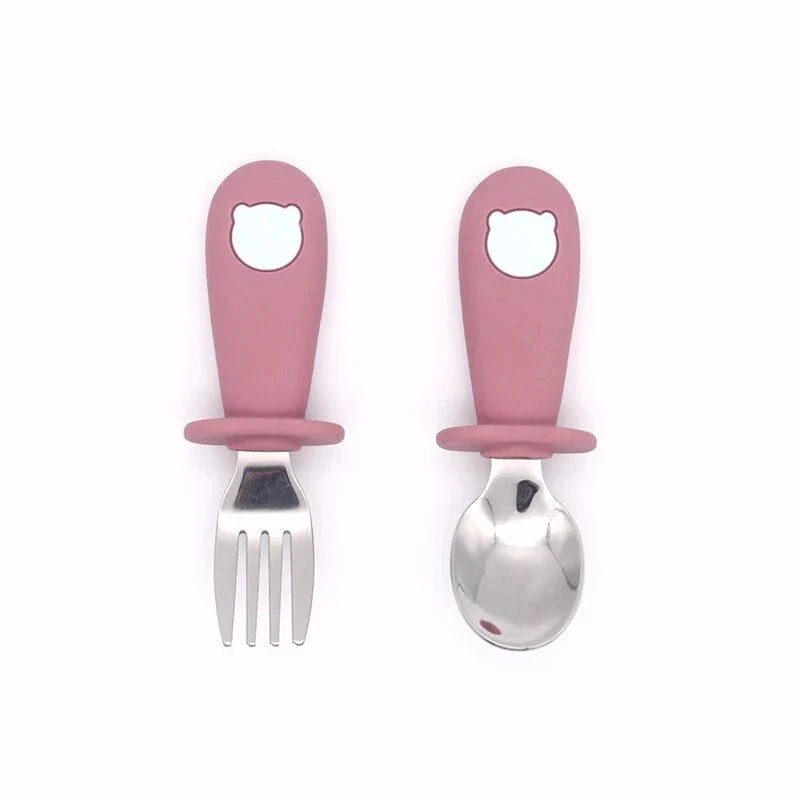 Cartoon Stainless Steel Kids' Cutlery Set with Spoon and Fork in Rose Colour