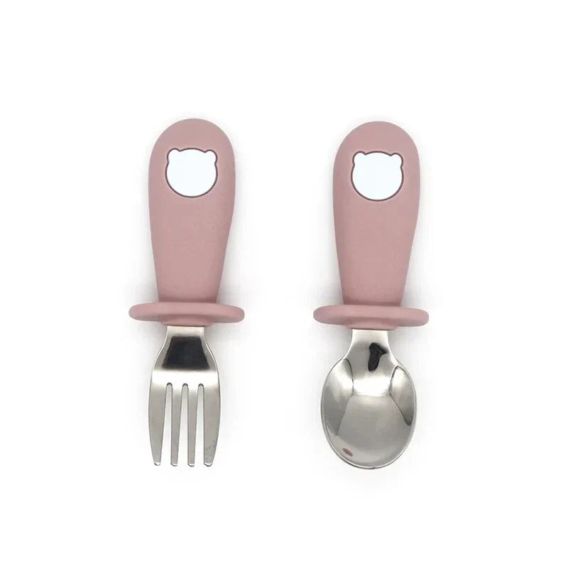 Cartoon Stainless Steel Kids' Cutlery Set with Spoon and Fork in Rose Colour