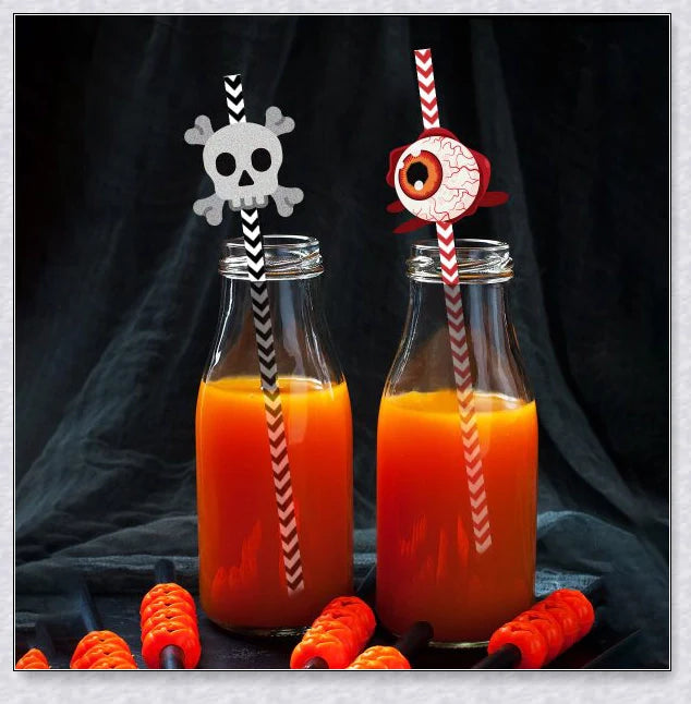 Sipcreep 24Pc Halloween Horror Paper Straws with spooky pumpkin, bat, and skeleton designs