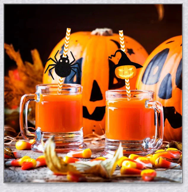 Sipcreep 24Pc Halloween Horror Paper Straws with spooky pumpkin, bat, and skeleton designs