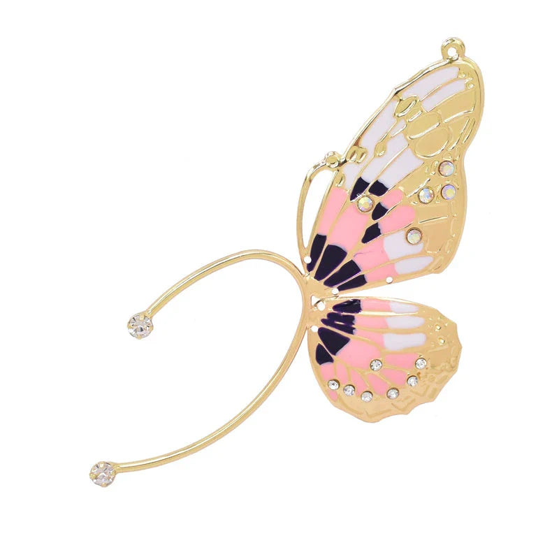 Pair of green alloy butterfly ear cuff earrings with sparkling rhinestones