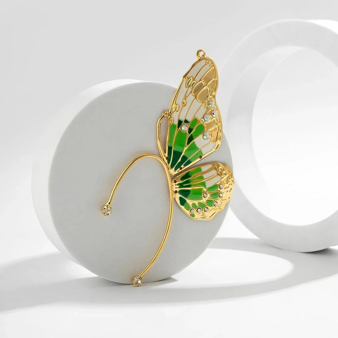 Pair of green alloy butterfly ear cuff earrings with sparkling rhinestones