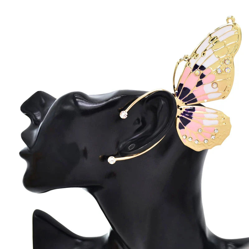 Pair of green alloy butterfly ear cuff earrings with sparkling rhinestones