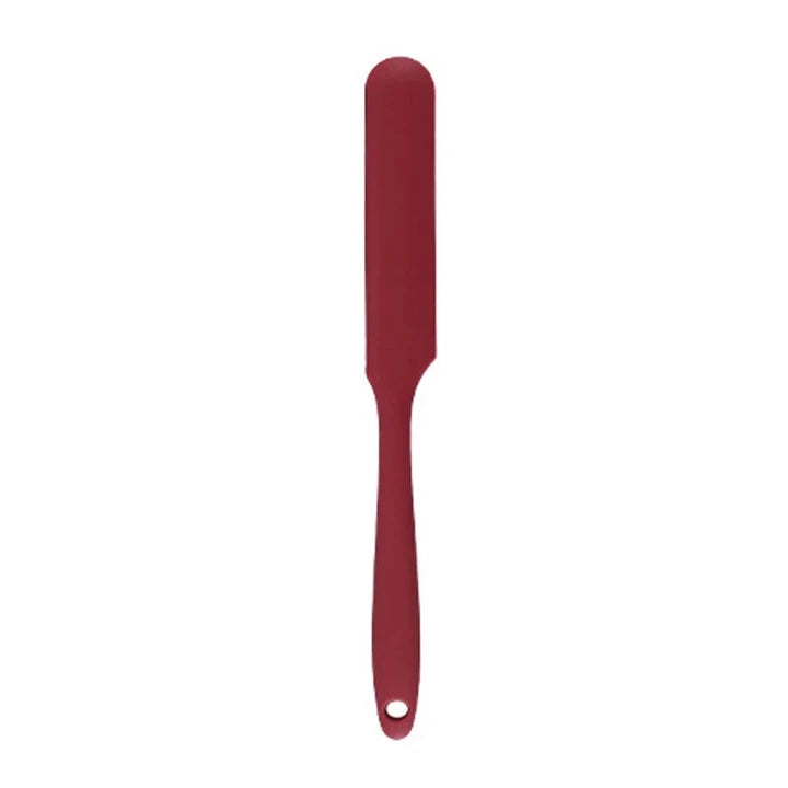 A vibrant red silicone baking spatula with an ergonomic handle and double-sided arc design, perfect for a variety of cooking and baking tasks.