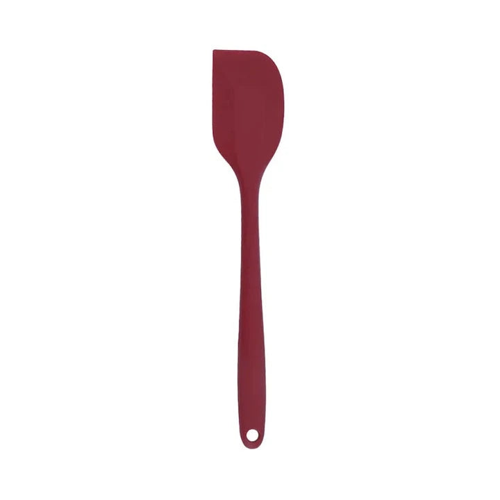 A vibrant red silicone baking spatula with an ergonomic handle and double-sided arc design, perfect for a variety of cooking and baking tasks.