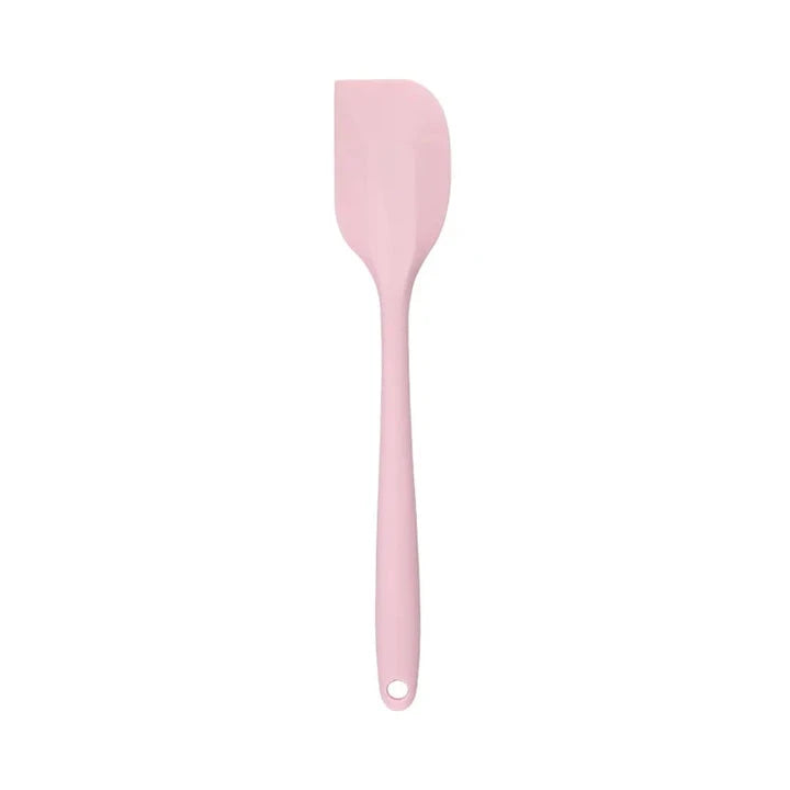 A vibrant red silicone baking spatula with an ergonomic handle and double-sided arc design, perfect for a variety of cooking and baking tasks.