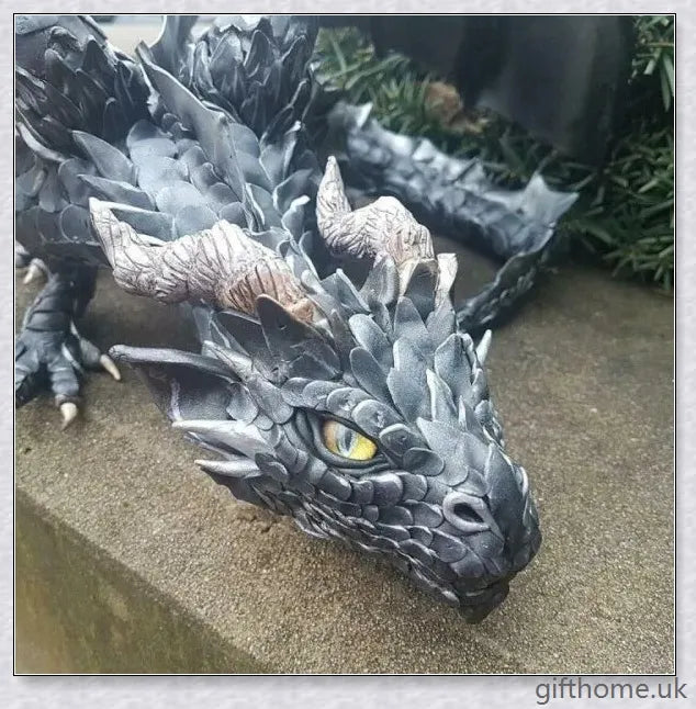 Large handmade resin and metal squatting dragon sculpture, with a mysterious and enchanting design that brings delight to indoor and outdoor spaces.
