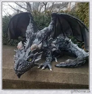 Large handmade resin and metal squatting dragon sculpture, with a mysterious and enchanting design that brings delight to indoor and outdoor spaces.