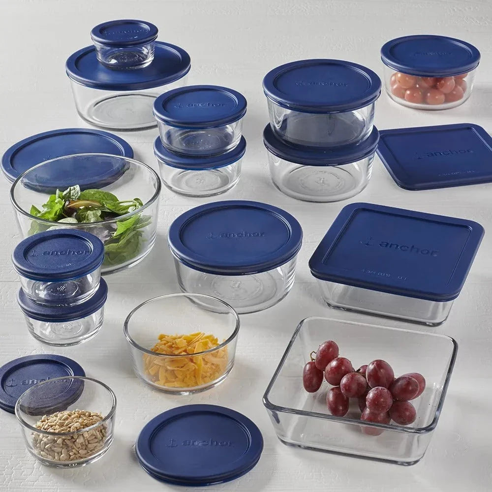 30-piece glass food storage set with navy lids, perfect for meal prep, leftovers, and pantry organization
