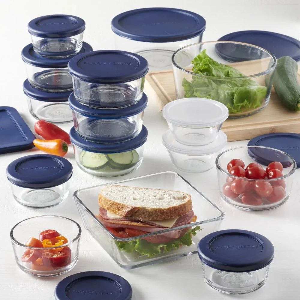 30-piece glass food storage set with navy lids, perfect for meal prep, leftovers, and pantry organization