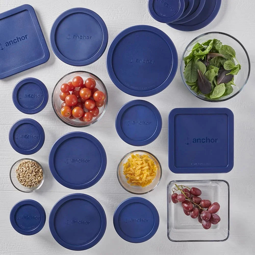 30-piece glass food storage set with navy lids, perfect for meal prep, leftovers, and pantry organization