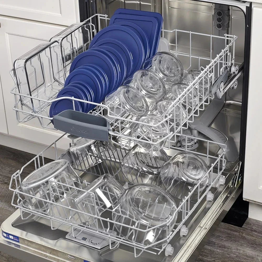 30-piece glass food storage set with navy lids, perfect for meal prep, leftovers, and pantry organization