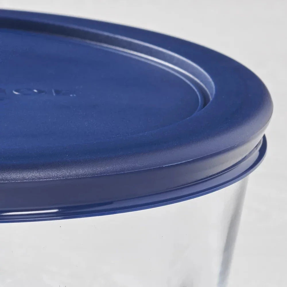 30-piece glass food storage set with navy lids, perfect for meal prep, leftovers, and pantry organization