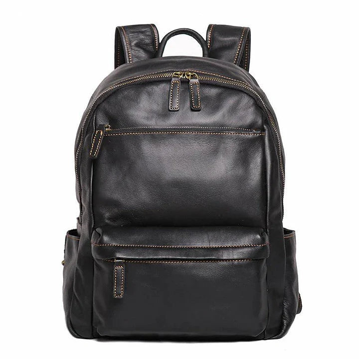 Trendha Men's Leather 14-inch Computer Backpack in Black and Retro Brown colours, featuring a spacious main compartment, laptop sleeve, and multiple pockets for organised storage.