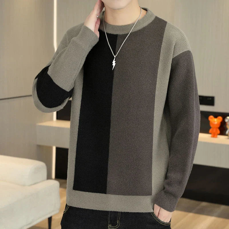 A cosy, warm brown and creamy white colour block jumper for men, featuring a crew neckline and long sleeves