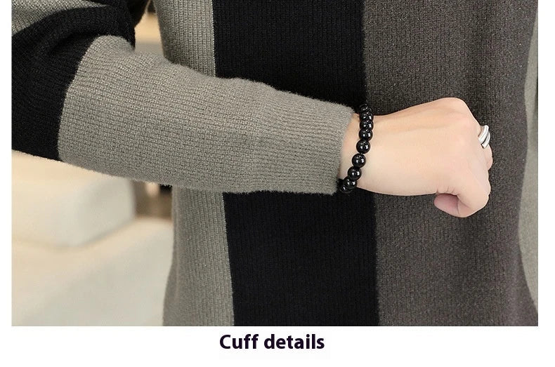 A cosy, warm brown and creamy white colour block jumper for men, featuring a crew neckline and long sleeves