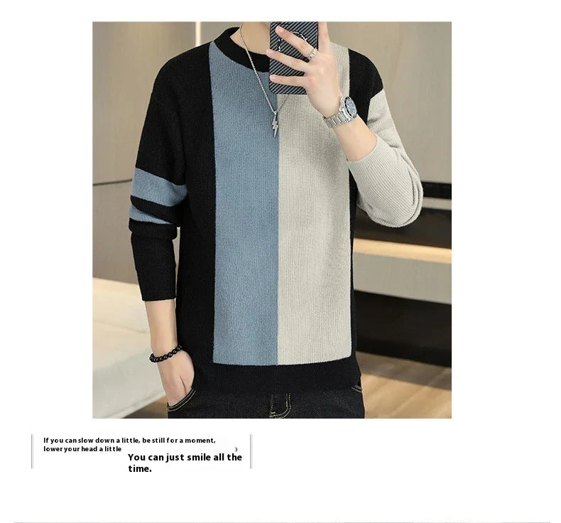 A cosy, warm brown and creamy white colour block jumper for men, featuring a crew neckline and long sleeves